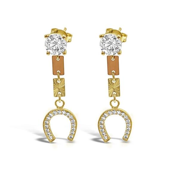 Horseshoe Drop Dangle Stud Earrings Real 14k Yellow Rose Gold - Picture 1 of 2